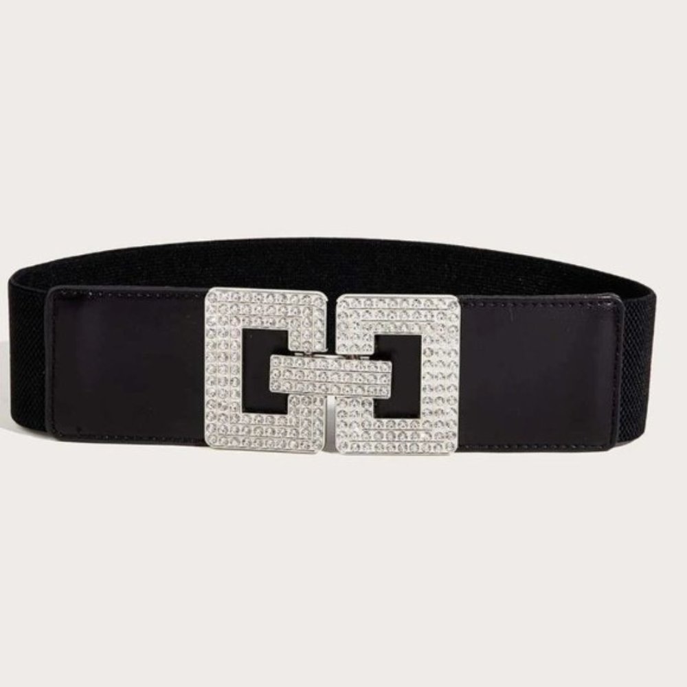 Silver/Black Square Rhinestone Stretch Belt - Picture 2 of 5
